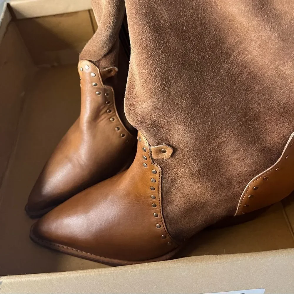 Free People Wayne Fringe Suede Over The‎ Knee Leather Western Boots Brown 6 NIB